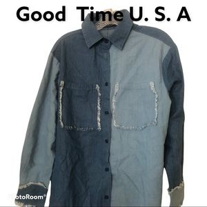 Good Time USA Blue Denim Long Sleeve Frayed denim Shirt  NWT L